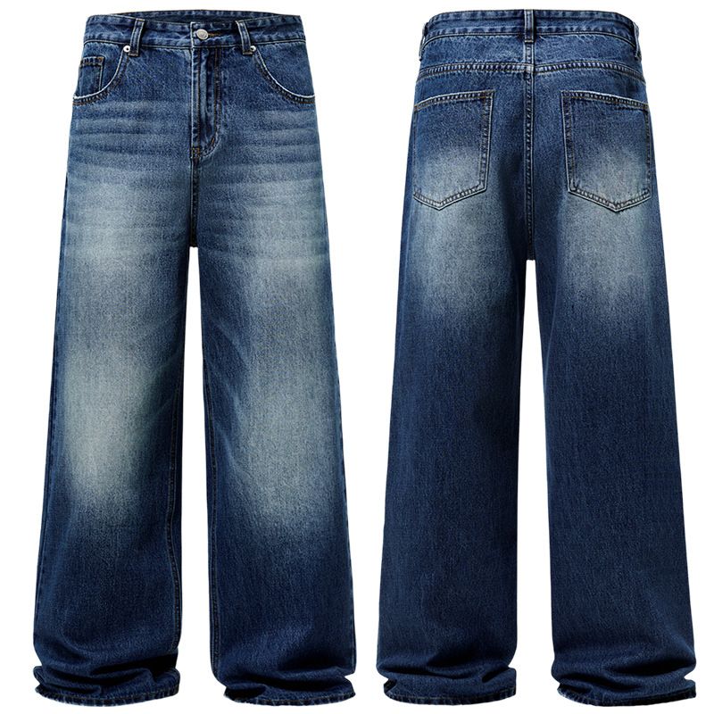 Men's Clothing High Street Washed Old Fashion Jeans Mopping Style Cleanfit Loose Straight Pants_mkmklike.com