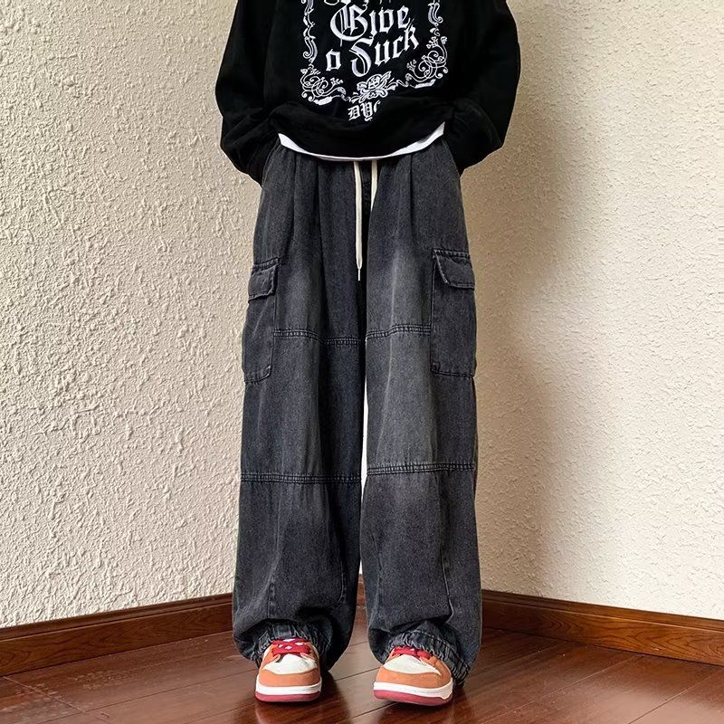 Men's Cargo Workwear Jeans – Oversized Streetwear Pants With Multi-Pockets & Vintage Wash_mkmklike.com