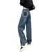Women's Clothing High-Waisted Wide Leg Jeans Color-Block Pockets Loose Fitting Straight Leg Frayed Edges Petite Floor-Length Design_mkmklike.com