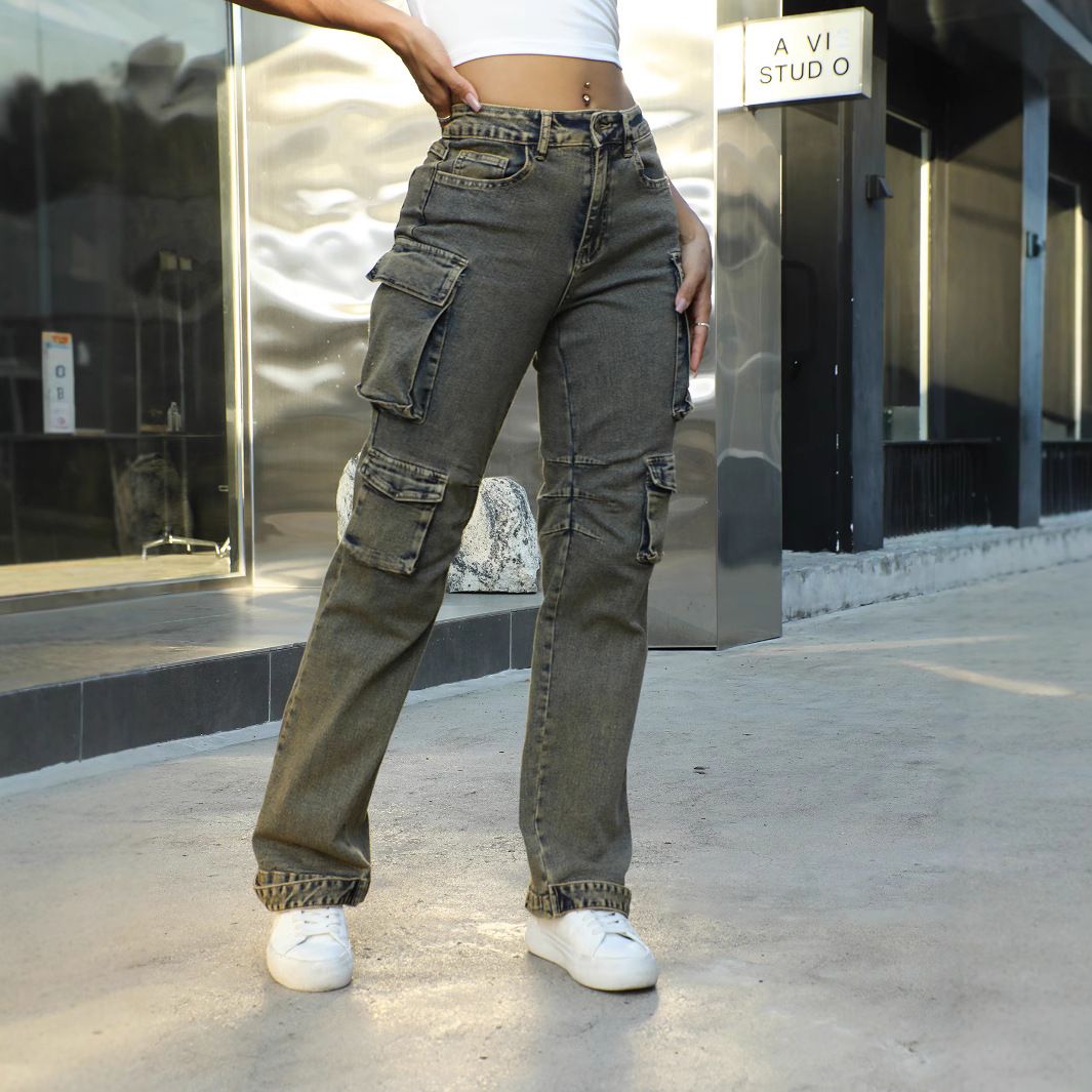 Women's Clothing Y2k Style Denim Heavy Wash Stitching Work Pockets Multiple Pockets Hem Laces Wide Leg Jeans_mkmklike.com
