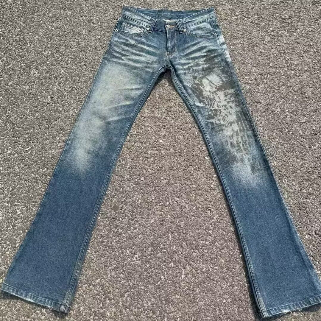 American High Street Retro Blue Printed Flared Jeans For Men, Slimming And Leg-lengthening, Trendy Brand Ins Pants_mkmklike.com