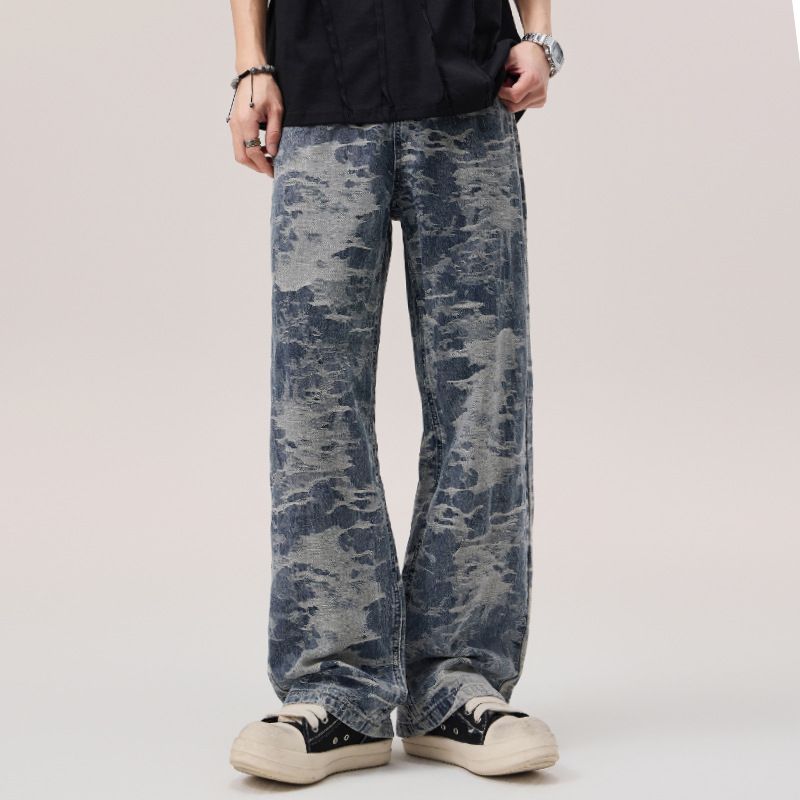 Men's Clothing High Street Jacquard Jeans Relaxed Straight Leg Denim Pants Vintage Wash, Japanese Minimalist Style, 100% Cotton (Blue, Size 28-38)_mkmklike.com