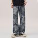 Men's Clothing High Street Jacquard Jeans Relaxed Straight Leg Denim Pants Vintage Wash, Japanese Minimalist Style, 100% Cotton (Blue, Size 28-38)_mkmklike.com