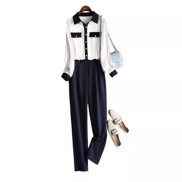 Women's Clothing temperament professional fashion suit women autumn contrast shirt casual long pants two piece suit_mkmklike.com