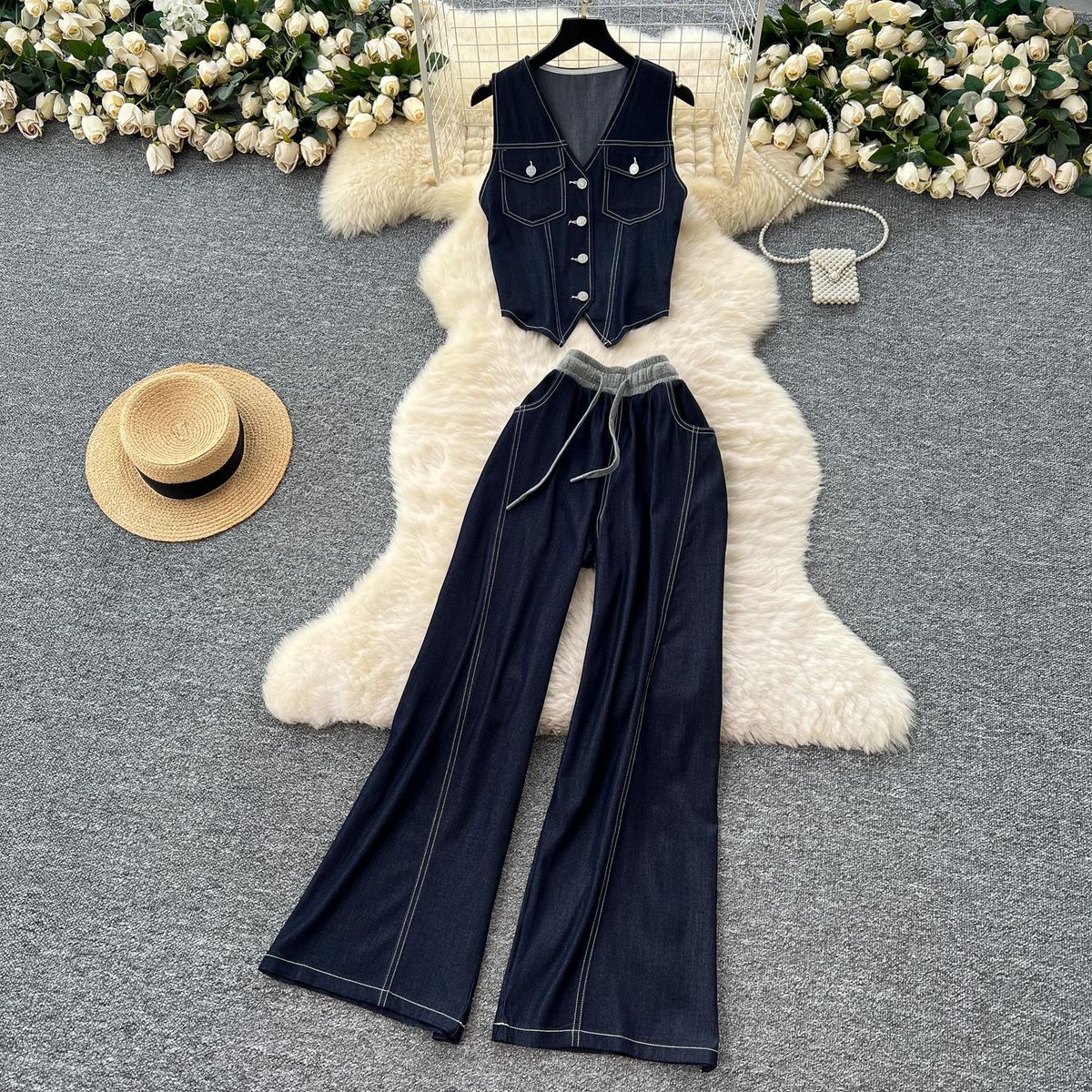 Women's Clothing Fashion V Neck Line Pocket Denim Top High Waist Drape Wide Leg Pants Suit_mkmklike.com