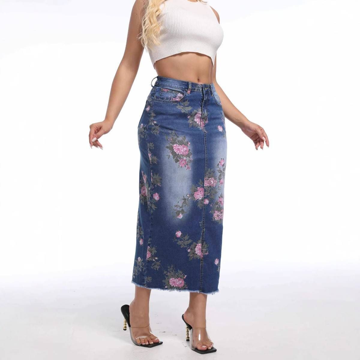 Hip-wrapped Denim Skirt, European And American All-match Slim-fit Sleeve, Back Slit Bottom, Ladies' Blue Long Skirt_mkmklike.com