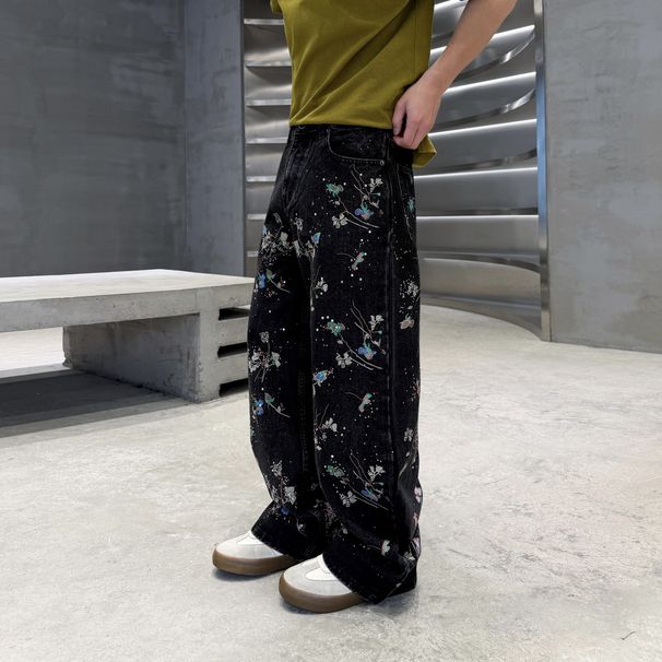 Streetwear Men's Baggy Jeans – Embroidered & Rhinestone Detailing Distressed Denim Pants With Low-Rise Fit_mkmklike.com