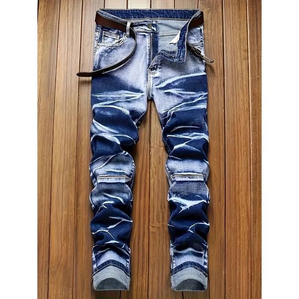 Men's Clothing Leg Slim Fit Jeans Men's Slim Fit Straight Leg Blue Distressed Denim Jeans With Patch Detail, Washed Casual Trousers For Everyday Wear_mkmklike.com