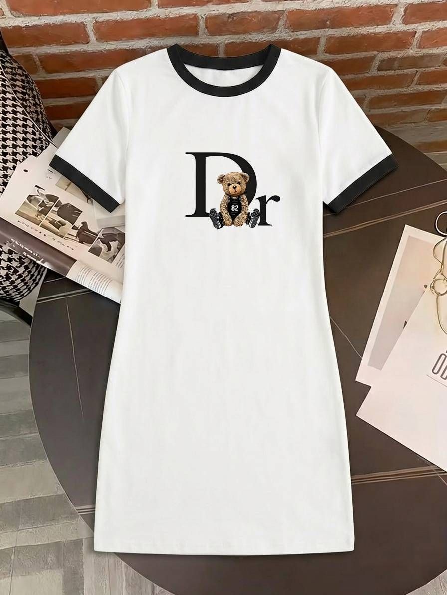 Women's Color Block Letter Print Dress - Casual Short Sleeve Summer Shift_mkmklike.com