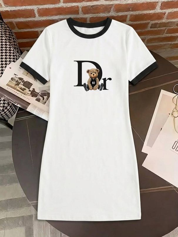 Women's Color Block Letter Print Dress - Casual Short Sleeve Summer Shift_mkmklike.com