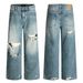 Men's Clothing Blue Straight Ripped Jeans Vintage Washed Blue Straight Leg Distressed Jeans For Men & Women - Relaxed Fit, Comfortable & Stylish_mkmklike.com