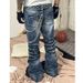 Industrial Washed Blue Distressed Straight Flared Jeans | Asian Cleanfit Style | Water Ripple Texture | Men's Relaxed Fit_mkmklike.com