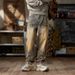 New European And Style High Street American Retro Distressed Yellow Mud Loose Straight Casual Men's Denim Pants_mkmklike.com