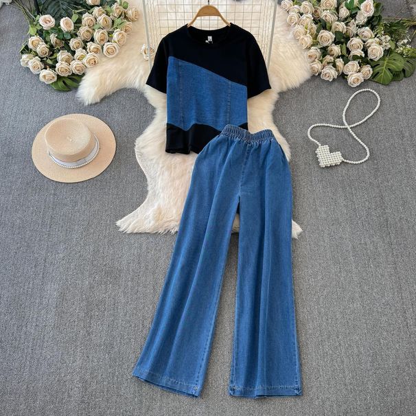 Women's Clothing Fashion Suit Patchwork Contrast Color Short Sleeved Top High Waist Wide Leg Jeans Two Piece Suit_mkmklike.com