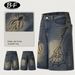 Men's Clothing Painted Spider Denim Shorts Loose Retro Distressed Blue Straight Shorts_mkmklike.com