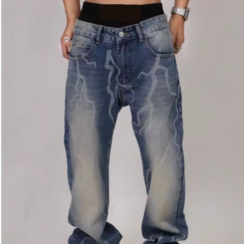 Vintage Washed Distressed Jeans For Men – High Street Hip-Hop Slim Fit Bootcut Denim Pants (Blue )_mkmklike.com
