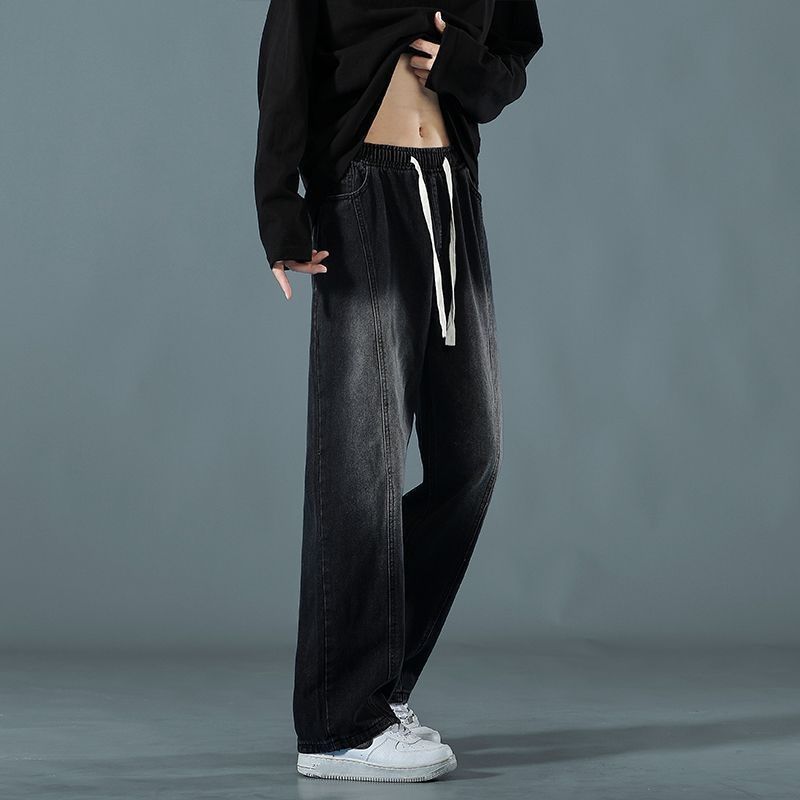 Men's Style Straight Leg Jeans High Street Retro Trendy Loose Wide Leg Floor Length Pants With Elastic Waistband Casual Long Trousers_mkmklike.com
