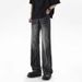 Men's American Style Washed Blue Lightning Bolt Pattern Ripped Jeans Distressed Flared Straight Leg Jeans for Tall Vibe_mkmklike.com