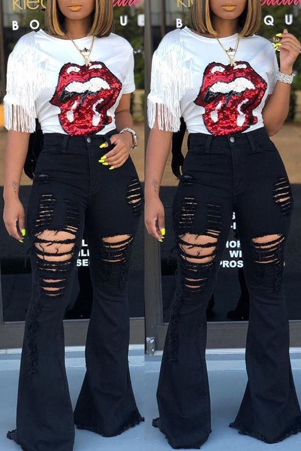 Women's Clothing Nostalgic High Waist Retro Elastic Hip Lifting Torn Holes Personality Trendy Wide Leg Flared Jeans Jeans Mopping Pants_mkmklike.com
