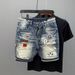 Men's Personalized Embroidery Denim Shorts Casual Straight Small Hole Trendy Non-Elastic Summer_mkmklike.com