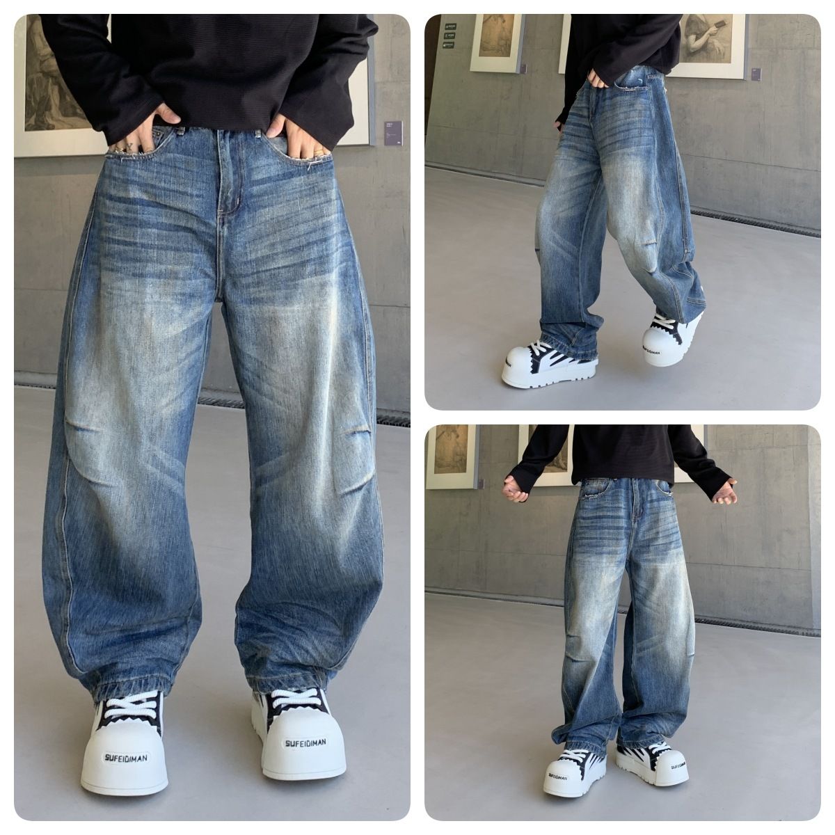 Men's Clothing Vintage Washed Straight-Leg Jeans For Men – Distressed High Street Denim With Raw Hem & Faded Blue Wash (Relaxed Fit, Non-Stretch )_mkmklike.com