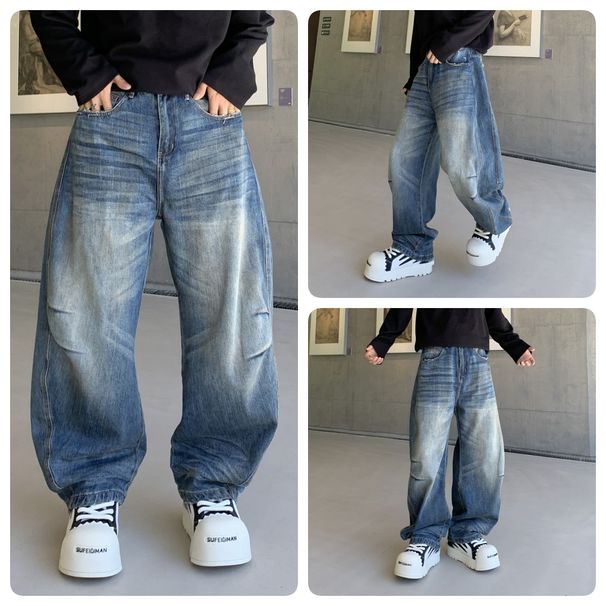Men's Clothing Vintage Washed Straight-Leg Jeans For Men – Distressed High Street Denim With Raw Hem & Faded Blue Wash (Relaxed Fit, Non-Stretch )_mkmklike.com