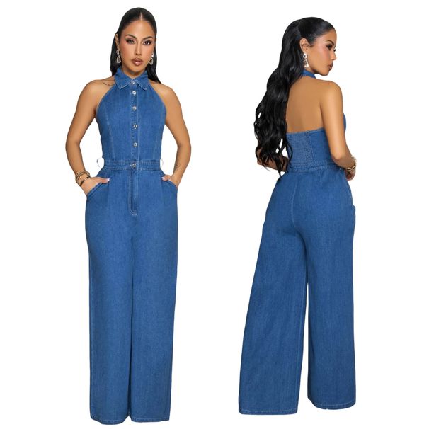 European And American Women's Denim Jumpsuit High Elastic Sexy Backless Lapel Wide Leg Pants Sleeveless 3582 Cross Border Fashion_mkmklike.com