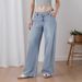 Women's Casual Trendy Straight Leg Jeans Button Detail Loose Fit Solid Color Commuter Versatile Pants Fashion_mkmklike.com