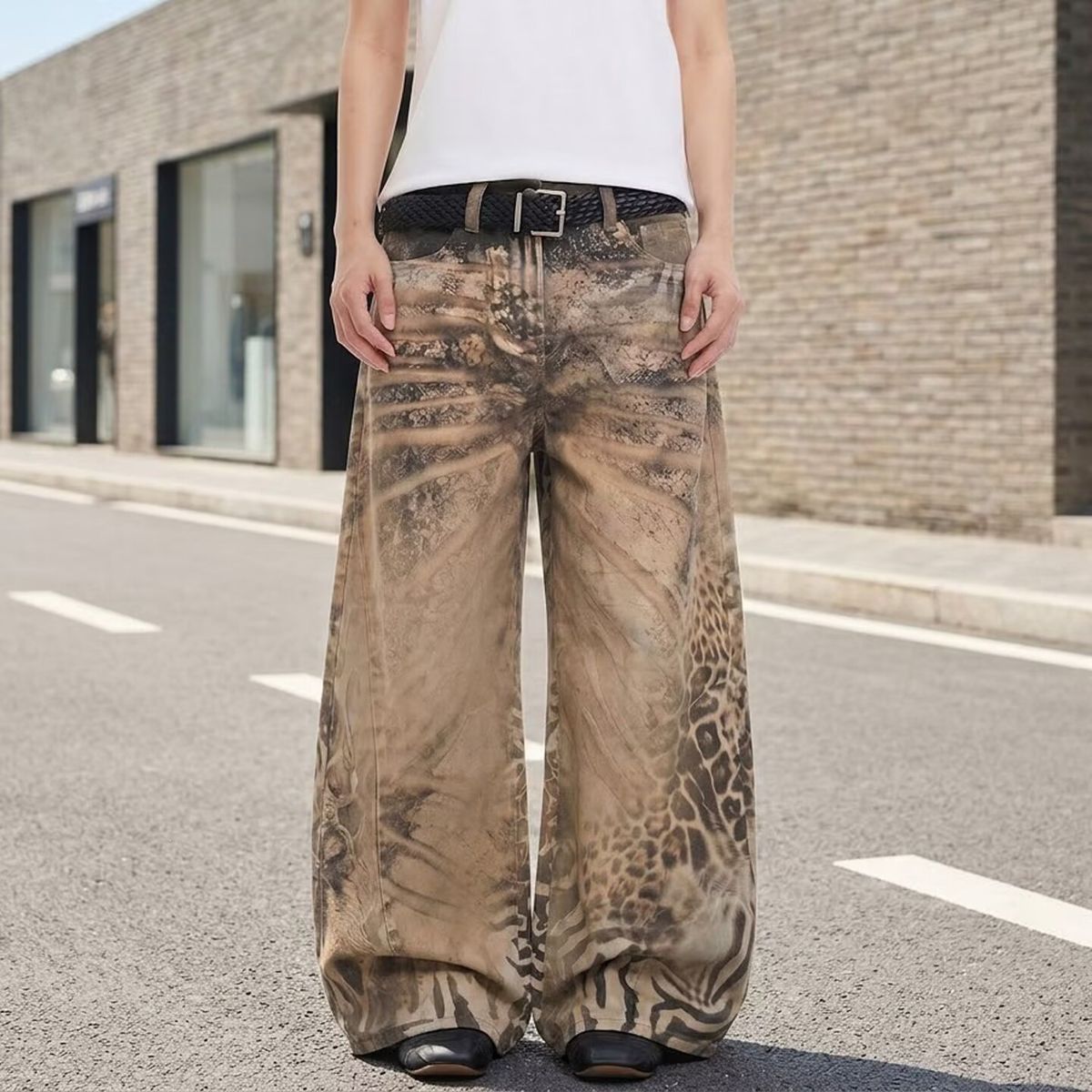 Retro Leopard And Tiger Print Patchwork Jeans High Waisted Wide Leg Slimming Floor Length Pants Men's Clothing Denim_mkmklike.com