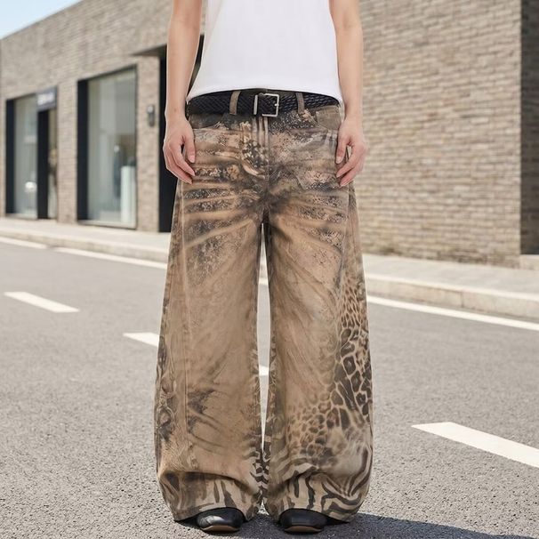 Retro Leopard And Tiger Print Patchwork Jeans High Waisted Wide Leg Slimming Floor Length Pants Men's Clothing Denim_mkmklike.com