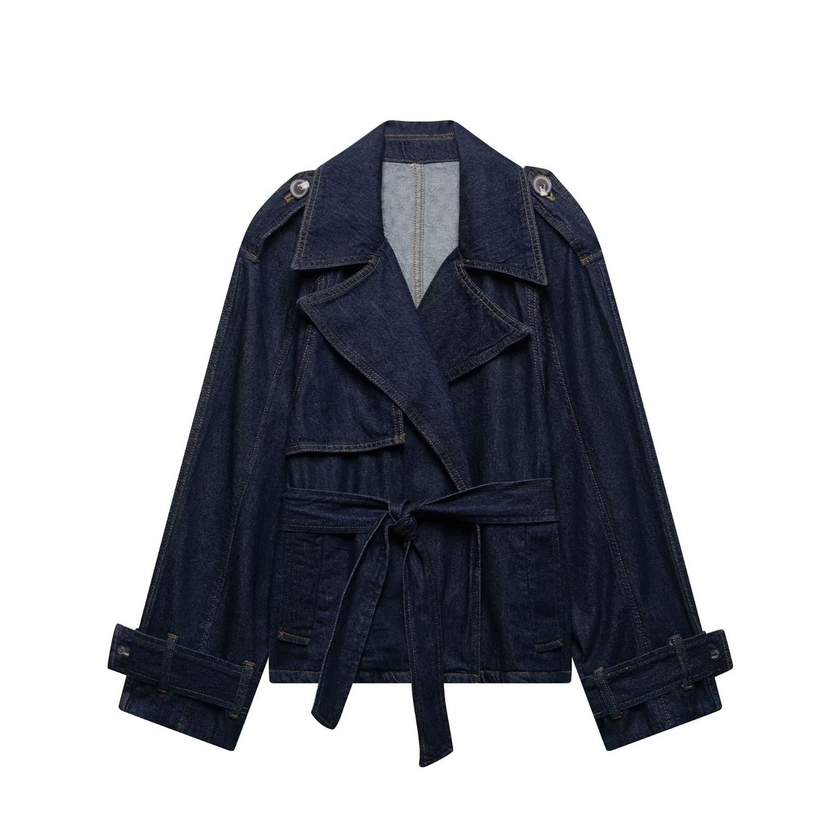 French-Inspired Belted Denim Trench Coat, Oversized Short Jacket With Slim Fit, Trendy Streetwear Outerwear For Women (Blue)_mkmklike.com