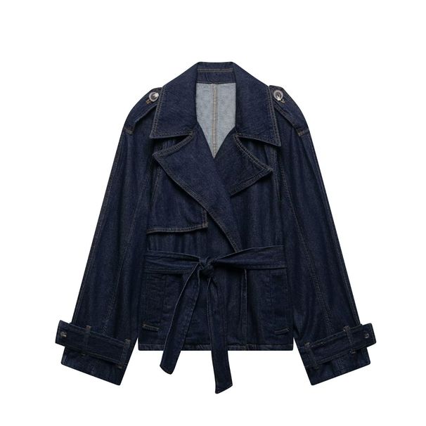 French-Inspired Belted Denim Trench Coat, Oversized Short Jacket With Slim Fit, Trendy Streetwear Outerwear For Women (Blue)_mkmklike.com