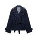 French-Inspired Belted Denim Trench Coat, Oversized Short Jacket With Slim Fit, Trendy Streetwear Outerwear For Women (Blue)_mkmklike.com