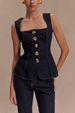 Women's Clothing Modern Style Button High Waist Denim Top Trousers Suit_mkmklike.com