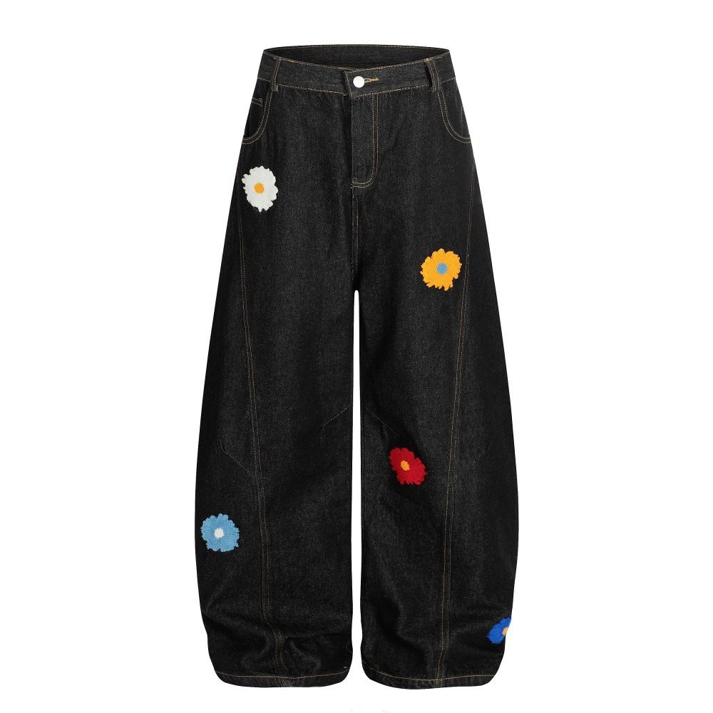 Design Sense Floral Embroidery Scimitar Wide-Leg Jeans Street Fashion Punk Washed Vintage Loose Long Pants Men's_mkmklike.com