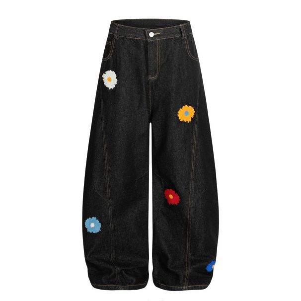 Design Sense Floral Embroidery Scimitar Wide-Leg Jeans Street Fashion Punk Washed Vintage Loose Long Pants Men's_mkmklike.com