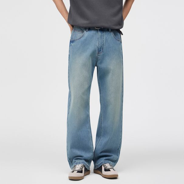 Men's Relaxed Straight Leg Jeans – Vintage Ice Blue Cleanfit Denim Pants With Stretch, Mid-Rise Comfort For Everyday Wear_mkmklike.com
