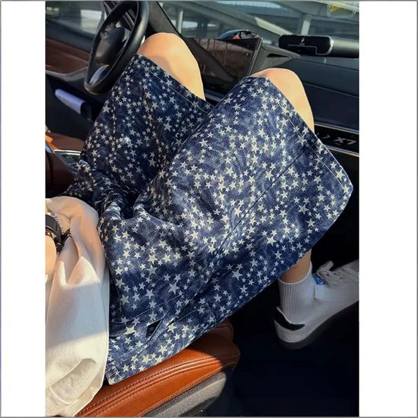 Men's Clothing Men's Retro Star Print Denim Shorts Summer Niche Design Loose Five-Point Pants Vibe Fashion For Formal & Casual_mkmklike.com