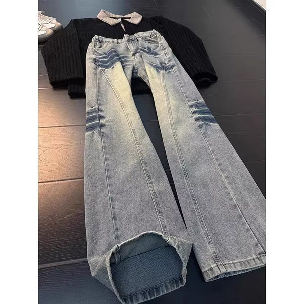 Blue Retro Lightning Bolt Pattern Jeans High Street Vibe Straight Leg Slightly Flared Pants For Men And Women Slanted Cut_mkmklike.com
