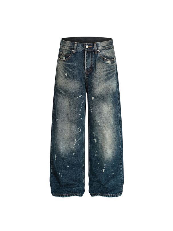Men's Vintage Washed Distressed Splatter Paint Straight Leg Jeans - Loose Fit Raw Hem Denim Pants For Casual Streetwear_mkmklike.com