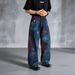 Men's Clothing Style Denim Trendy Black Graffiti Washed Loose Straight Leg Midweight Cotton Trousers Skinny Pants Wide Leg_mkmklike.com