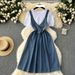 Women's Niche Design, Round Neck, Puff Sleeves, Patchwork Waist, Denim Skirt, Long Skirt_mkmklike.com