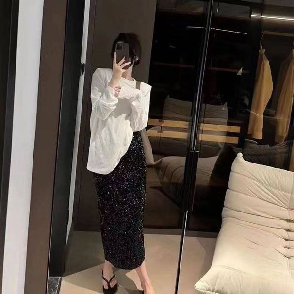 Women's Clothing new fashion high waist slim sequined skirt female elastic waist stretch straight long skirt_mkmklike.com