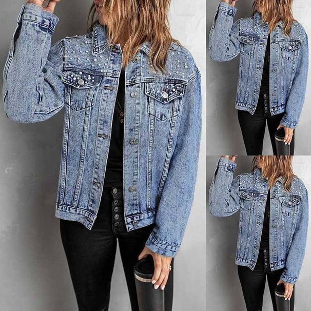 "Women's Embroidered Denim Jacket – Stylish Short-Length Beaded Jacket For Autumn & Winter, Classic Workwear Design With Pockets"_mkmklike.com