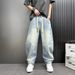 Men's Light Blue Straight Leg Loose Fit Jeans High Street Style Fashion Retro Elastic Waistband Trendy Versatile_mkmklike.com
