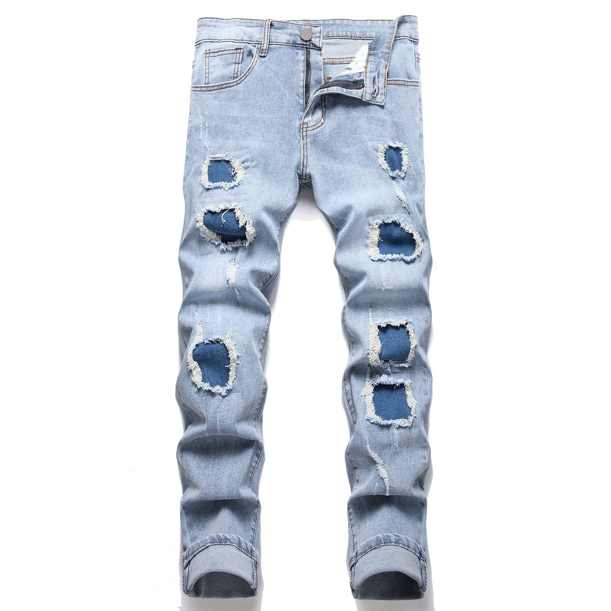 Men's Slim Fit Stretch Ripped Jeans - Classic Blue Distressed Denim Pants With Elastic Waist & Tapered Leg_mkmklike.com