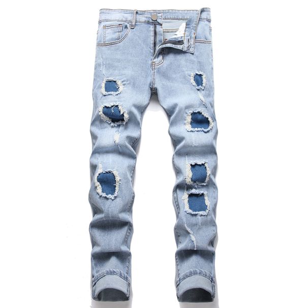 Men's Slim Fit Stretch Ripped Jeans - Classic Blue Distressed Denim Pants With Elastic Waist & Tapered Leg_mkmklike.com