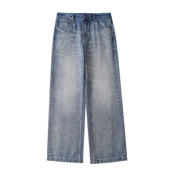 Men's Clothing 2025 Washed Blue And White Gradient Contrast Jeans Loose Casual Straight Floor Length Mid Waist Men's And Women's Trousers_mkmklike.com