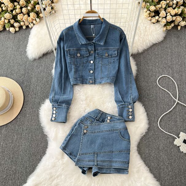 Women's Clothing loose bf high waist short denim jacket two piece suit high waist slim skirt pants_mkmklike.com
