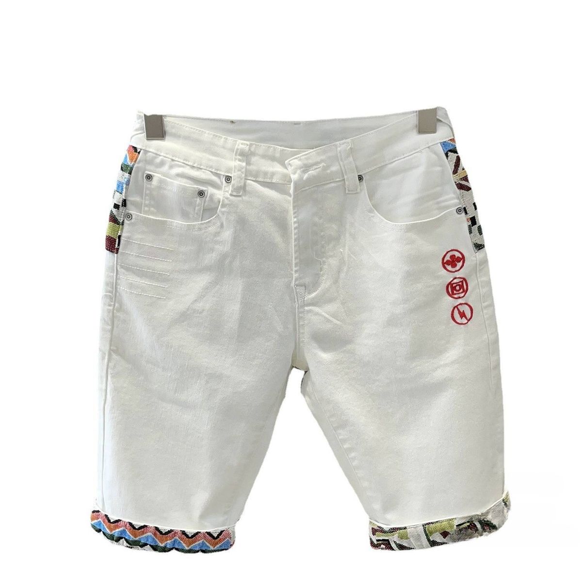 Men's Clothing Summer White Embroidered Denim Shorts Versatile Trendy Casual Straight Elastic Popular Personality Five Point Pants_mkmklike.com